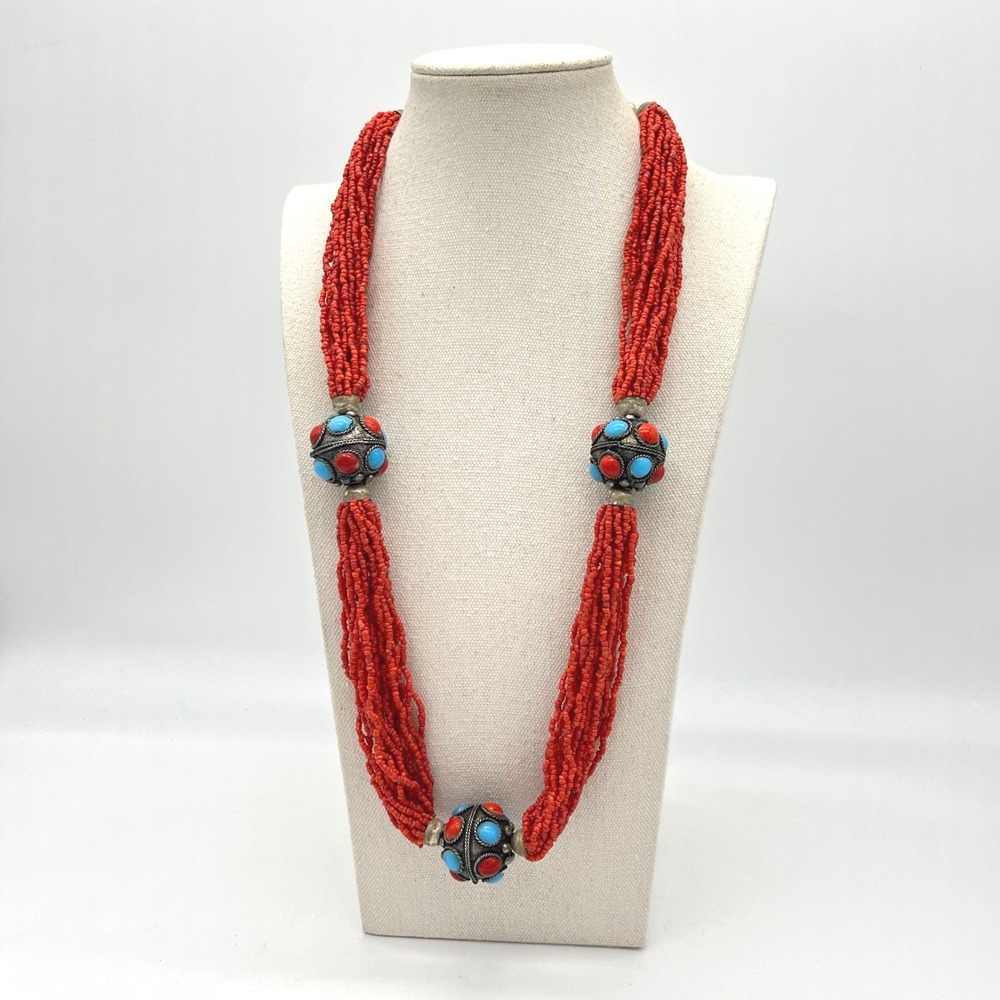 Vintage Multi Strand Red Seed Bead Necklace Turquoise Filigree Statement 26in